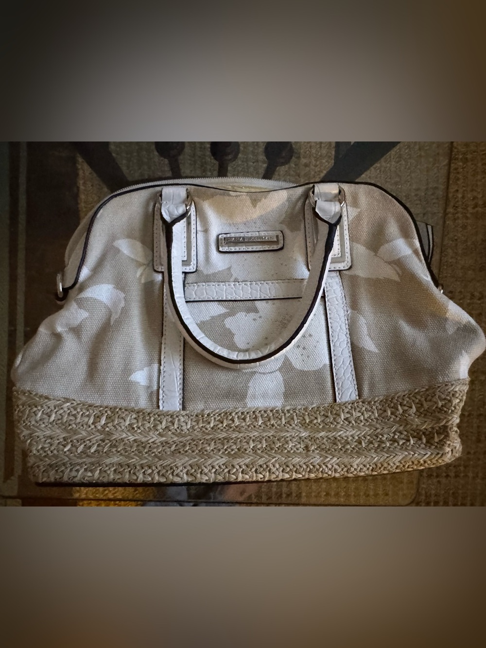 White Floral Canvas Tote Bag with Woven Trim